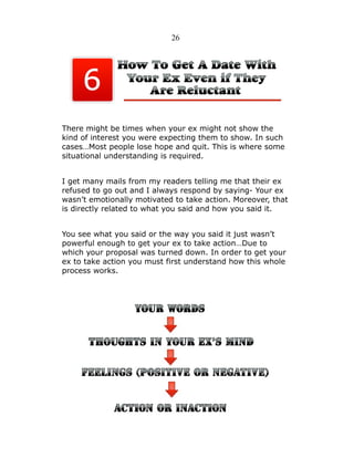 26

There might be times when your ex might not show the
kind of interest you were expecting them to show. In such
cases…Most people lose hope and quit. This is where some
situational understanding is required.
I get many mails from my readers telling me that their ex
refused to go out and I always respond by saying- Your ex
wasn’t emotionally motivated to take action. Moreover, that
is directly related to what you said and how you said it.
You see what you said or the way you said it just wasn’t
powerful enough to get your ex to take action…Due to
which your proposal was turned down. In order to get your
ex to take action you must first understand how this whole
process works.

 