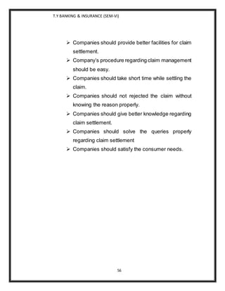 T.Y BANKING & INSURANCE (SEM-VI)
56
 Companies should provide better facilities for claim
settlement.
 Company’s procedure regarding claim management
should be easy.
 Companies should take short time while settling the
claim.
 Companies should not rejected the claim without
knowing the reason properly.
 Companies should give better knowledge regarding
claim settlement.
 Companies should solve the queries properly
regarding claim settlement
 Companies should satisfy the consumer needs.
 