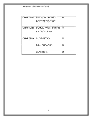 T.Y BANKING & INSURANCE (SEM-VI)
8
CHAPTER.4 DATA ANALYASIS &
INTERPRITENTION
38
CHAPTER 5 SUMMERY OF FINDING
& CONCLUSION
53
CHAPTER 6 SUGGESTION 58
BIBLIOGRAPHY 60
ANNEXURE 61
 