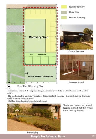 Recovery Shed
Pediatric recovery
Clinic Zone
Isolation Recovery
Recovery Kennel
General Recovery
• In the initial phase of development the general recovery will be used for Animal Birth Control
(ABC).
• The shed is made a temporary structure. Incase the land is ceased , disassembling the structures
would be easier and economical.
• Shahbad Stone flooring keeps the shed cooler.
Shrubs and bushes are planted,
keeping in mind that they would
not be eaten up by cattle
Landscaping
Detail Plan Of Recovery Shed
People For Animals, Pune 50
 