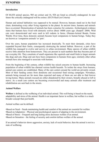 Introduction
Of 44,838 animal species, 905 are extinct and 16, 928 are listed as critically endangered. In near
future the critically endangered will be extinct. (IUCN Red List Criteria)
Human and animal habitation was supposed to be mutual. However, humans stand out in the food
chain, dominating every other living organism in the planet. In ancient times, humans and animals
have co-existed. Domestication of animals has been a practice for centuries. Archeological evidence
states that humans have lived with domestic wolves about 14000 years ago. (Serpell- 2008). Wild
cats were domesticated and were used to kill rodents in farms. (Human-Animal Bonds, Forma
Walsh). Over time, these domestic animals became loyal companions to human beings. Today they
are known as ‘companion animals’ or ‘pets’.
Over the years, human population has increased drastically. To meet their demands, cities have
expanded beyond their limits, consequently destroying the animal habitat. However, a part of the
wildlife has managed to evolve and survive in urban environment. Many species of urban wildlife
receive little attention from homeowners. They are present in such numbers that they become part of
our everyday life. They constitute of small organisms like squirrels and small birds to larger animals
like dogs and cats. Dogs and cats have been companions to humans from ages; similarly other urban
animals have also managed to associate with humans.
From the beginning of the century, urban wildlife has raised concerns to human health. Increasing
population of urban wildlife has alarmed various health hazards. To isolate the strays from humans,
animal care centers are established. Many of the care centers around the world are privately owned.
Most of their funding comes from donations and occasional fund raising campaigns. Nowadays,
animals being rescued are far more than expected and many of them are not able to find forever
loving homes. Many animals rescued are either abandoned by their owners, brutally abused or left to
starve. As a result care centers are becoming overcrowded and many animals after treatment and
rehabilitation are sent back to the streets.
Animal Welfare
Welfare is defined as the wellbeing of an individual animal. This well being is based on the needs,
adaptability and stress of the animal. Health is an important factor in welfare, but welfare is a much
broader concept than just health.
Animal welfare can be defined:
•Based on Need – Needs maintaining health and comfort of the animal are essential for welfare
•Based on Adaptation – Physical and psychological aspects of adapting to the environment.
•Based of Stress – Frequent and long lasting stress decreases welfare of an animal.
•Based on Sensation – the feeling of security and comfort defines welfare of the animal.
If an animal’s behavior shows aggression, anxiety, lack of social behavior, then the animal is not in a
state of wellbeing.
SYNOPSIS
3
 