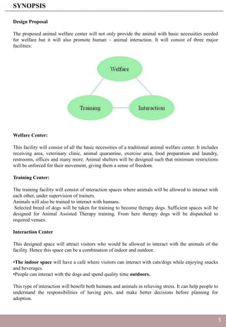 Design Proposal
The proposed animal welfare center will not only provide the animal with basic necessities needed
for welfare but it will also promote human – animal interaction. It will consist of three major
facilities:
Welfare Center:
This facility will consist of all the basic necessities of a traditional animal welfare center. It includes
receiving area, veterinary clinic, animal quarantine, exercise area, food preparation and laundry,
restrooms, offices and many more. Animal shelters will be designed such that minimum restrictions
will be enforced for their movement, giving them a sense of freedom.
Training Center:
The training facility will consist of interaction spaces where animals will be allowed to interact with
each other, under supervision of trainers.
Animals will also be trained to interact with humans.
Selected breed of dogs will be taken for training to become therapy dogs. Sufficient spaces will be
designed for Animal Assisted Therapy training. From here therapy dogs will be dispatched to
required venues.
Interaction Center
This designed space will attract visitors who would be allowed to interact with the animals of the
facility. Hence this space can be a combination of indoor and outdoor.
•The indoor space will have a café where visitors can interact with cats/dogs while enjoying snacks
and beverages.
•People can interact with the dogs and spend quality time outdoors.
This type of interaction will benefit both humans and animals in relieving stress. It can help people to
understand the responsibilities of having pets, and make better decisions before planning for
adoption.
SYNOPSIS
5
 