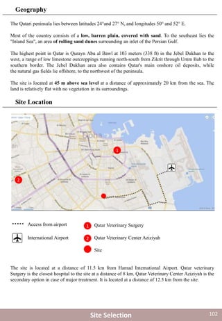 1
2
Access from airport
Site
1
2
Qatar Veterinary Surgery
Qatar Veterinary Center AziziyahInternational Airport
Site Selection
Site Location
The site is located at a distance of 11.5 km from Hamad International Airport. Qatar veterinary
Surgery is the closest hospital to the site at a distance of 8 km. Qatar Veterinary Center Aziziyah is the
secondary option in case of major treatment. It is located at a distance of 12.5 km from the site.
The Qatari peninsula lies between latitudes 24°and 27° N, and longitudes 50° and 52° E.
Most of the country consists of a low, barren plain, covered with sand. To the southeast lies the
"Inland Sea", an area of rolling sand dunes surrounding an inlet of the Persian Gulf.
The highest point in Qatar is Qurayn Abu al Bawl at 103 meters (338 ft) in the Jebel Dukhan to the
west, a range of low limestone outcroppings running north-south from Zikrit through Umm Bab to the
southern border. The Jebel Dukhan area also contains Qatar's main onshore oil deposits, while
the natural gas fields lie offshore, to the northwest of the peninsula.
The site is located at 45 m above sea level at a distance of approximately 20 km from the sea. The
land is relatively flat with no vegetation in its surroundings.
Geography
102
 