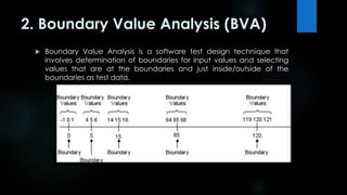 2. Boundary Value Analysis (BVA) 
 Boundary Value Analysis is a software test design technique that 
involves determination of boundaries for input values and selecting 
values that are at the boundaries and just inside/outside of the 
boundaries as test data. 
 