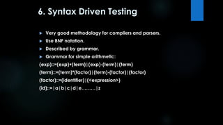 6. Syntax Driven Testing 
 Very good methodology for compliers and parsers. 
 Use BNF notation. 
 Described by grammar. 
 Grammar for simple arithmetic: 
(exp)::=(exp)+(term)|(exp)-(term)|(term) 
(term)::=(term)*(factor)|(term)-(factor)|(factor) 
(factor)::=(identifier)|(<expression>) 
(id)::=|a|b|c|d|e………|z 
 