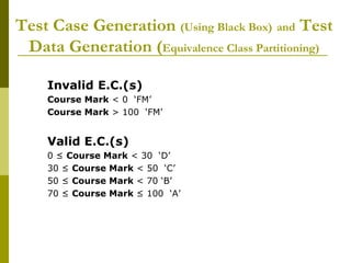 Test Case Generation (Using Black Box) and Test
Data Generation (Equivalence Class Partitioning)
Invalid E.C.(s)
Course Mark < 0 ‘FM’
Course Mark > 100 ‘FM’
Valid E.C.(s)
0 ≤ Course Mark < 30 ‘D’
30 ≤ Course Mark < 50 ‘C’
50 ≤ Course Mark < 70 ‘B’
70 ≤ Course Mark ≤ 100 ‘A’
 