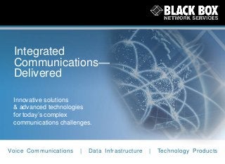 Integrated
Communications—
Delivered
Innovative solutions
& advanced technologies
for today’s complex
communications challenges.

Voice Communications

|

Data Infrastructure

|

Technology Products

 