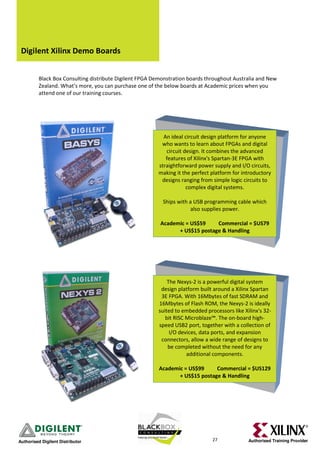 Digilent Xilinx Demo Boards


          Black Box Consulting distribute Digilent FPGA Demonstration boards throughout Australia and New
          Zealand. What’s more, you can purchase one of the below boards at Academic prices when you
          attend one of our training courses.




                                                           An ideal circuit design platform for anyone
                                                          who wants to learn about FPGAs and digital
                                                            circuit design. It combines the advanced
                                                            features of Xilinx's Spartan-3E FPGA with
                                                         straightforward power supply and I/O circuits,
                                                         making it the perfect platform for introductory
                                                          designs ranging from simple logic circuits to
                                                                     complex digital systems.

                                                           Ships with a USB programming cable which
                                                                       also supplies power.

                                                          Academic = US$59    Commercial = $US79
                                                                + US$15 postage & Handling




                                                             The Nexys-2 is a powerful digital system
                                                          design platform built around a Xilinx Spartan
                                                          3E FPGA. With 16Mbytes of fast SDRAM and
                                                         16Mbytes of Flash ROM, the Nexys-2 is ideally
                                                         suited to embedded processors like Xilinx's 32-
                                                            bit RISC Microblaze™. The on-board high-
                                                         speed USB2 port, together with a collection of
                                                              I/O devices, data ports, and expansion
                                                          connectors, allow a wide range of designs to
                                                             be completed without the need for any
                                                                     additional components.

                                                         Academic = US$99     Commercial = $US129
                                                                + US$15 postage & Handling




Authorised Digilent Distributor                                                27             Authorised Training Provider
 