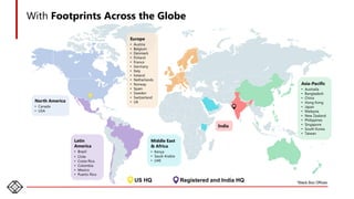 11
Asia-Pacific
• Australia
• Bangladesh
• China
• Hong Kong
• Japan
• Malaysia
• New Zealand
• Philippines
• Singapore
• South Korea
• Taiwan
North America
• Canada
• USA
Latin
America
• Brazil
• Chile
• Costa Rica
• Colombia
• Mexico
• Puerto Rico
Middle East
& Africa
• Kenya
• Saudi Arabia
• UAE
India
Europe
• Austria
• Belgium
• Denmark
• Finland
• France
• Germany
• Italy
• Ireland
• Netherlands
• Norway
• Spain
• Sweden
• Switzerland
• UK
US HQ Registered and India HQ *Black Box Offices
With Footprints Across the Globe
 