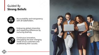 12
Guided By
Strong Beliefs
Embracing global citizenship
and respecting differences by
nurturing diversity.
Accountability and transparency
with all stakeholders.
Continuous innovation,
anticipating the ever-changing
needs of our customers and
accelerating their success.
 