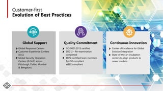 14
Customer-first
Evolution of Best Practices
Global Support
Global Response Centers
Customer Experience Centers
(CEC)
Global Security Operation
Centers (G-SoC) across
Pittsburgh, Dallas, Mumbai
& Bengaluru
Quality Commitment
ISO 9001:2015 certified
SOC-2 – Re-examination
completed
BICSI-certified team members
RoHS2 compliant
WEEE compliant
Continuous Innovation
Center of Excellence for Global
Solution Integration
State-of-the-art incubation
centers to align products to
newer markets
 