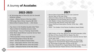 16
2022-2023
o AV Technology Best of Show ISE 2023 for Emerald
DESKVUE (Global)
o Juniper – Alliance Partner of the Year (APAC)
o TVB Europe 'Best of Show' Award at IBC 2022
o National Best Employer Brands — 2022 (India)
2021
o Bronze Stevie Award Winner Front-Line Customer
Service Team of the Year (USA)
o InfoComm Best of Show for MCX Gen 2 (USA)
o AV Magazine UK (Shortlisted) MCX Gen 2 (UK)
o rAVe Reader’s Choice Award Nominee (USA)
o CommScope DAS Partner of the Year (USA)
o Avaya OneCloud Subscription Partner of the Year – APAC
(India)
o Yotta – The Golden Circle Partner Excellence Award (India)
A Journey of Accolades
o Top choice in the Disability Equality Index® Best
Place to Work for Disability Inclusion (USA)
o CommScope - ‘Focus on Training’ Award (USA)
o Silver Stevie Award Winner Customer Service Team
of the Year (USA)
o TVB Europe Best of Show Award IBC 2022
o AV Technology Best of Show ISE 2022
o Verint - Partner Excellence Award (India)
o Avaya - Subscription Partner of the Year (India)
o Juniper - MIST-AIDE Partner of the Year (India)
o Juniper - Enterprise Partner of the Year (India)
o NAB Product of the Year Winner for PoE KVM Extenders (USA)
o ISE Best of Show Award 2020 for Radian Flex (EU)
o Bronze Stevie Award Winner Front-Line Customer Service Team
of the Year (USA)
o Best of Show Special Edition Award from TV Technology
Magazine for Emerald PE IP-Based KVM Extenders (USA)
o AV Technology Europe Best of Show at ISE (EU)
o Black Box Emerald PE for Digital Media World Award – Bronze
o Avaya International Theatre Partner of the Year (India)
2020
 