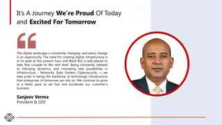 35
It’s A Journey We’re Proud Of Today
and Excited For Tomorrow
Sanjeev Verma
President & CEO
The digital landscape is constantly changing, and every change
is an opportunity. The need for creating digital infrastructure is
at its peak at this present hour and Black Box is well-placed to
take that crusade to the next level. Being constantly relevant
to changing dynamics, and innovating new possibilities in
infrastructure - Networks, Data Centers, Cybersecurity — we
take pride in being the backbone of technology infrastructure
that enterprises of tomorrow can rely on. We continue to grow
at a faster pace as we fuel and accelerate our customer’s
business.
 