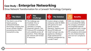 Case Study – Enterprise Networking
Drive Network Transformation for a Carwash Technology Company
The Client
The
Challenge
The Solution Benefits
The client is one of the
fastest growing
software/hardware
technology company that
serves carwash retailers,
processing one million
transactions a day
The challenge was
threefold. One, to
consolidate and
centralize a complex,
dispersed network. Two:
To ensure PCI compliance
and scalability across all
locations. Three: Manage
the network with limited
IT resources
Custom-design a single,
enterprise-wide SD-WAN
with policies for each
specific business
operation. Segment and
secure PCI data and
install next-gen security
appliances. Develop a
single dashboard for
network management by
a small IT team
With one strategic move
to a centralized SD-WAN,
the company centralized
and simplified network
management with a single
dashboard, and ensured
PCI compliance eliminated
the risk of data breaches
and cost non-compliance
fees
26
 