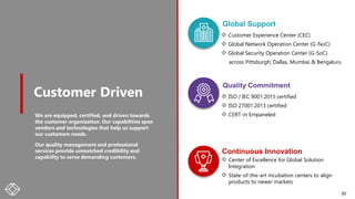 Customer Driven
Merits & Certifications
We are equipped, certified, and driven towards
the customer organization. Our capabilities span
vendors and technologies that help us support
our customers needs.
Our quality management and professional
services provide unmatched credibility and
capability to serve demanding customers.
Customer Experience Center (CEC)
Global Network Operation Center (G-NoC)
Global Security Operation Center (G-SoC)
across Pittsburgh, Dallas, Mumbai & Bengaluru
Global Support
ISO / IEC 9001:2015 certified
ISO 27001:2013 certified
CERT-in Empaneled
Quality Commitment
Center of Excellence for Global Solution
Integration
State-of-the-art incubation centers to align
products to newer markets
Continuous Innovation
30
 