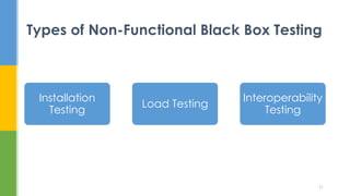 Installation
Testing
Load Testing
Interoperability
Testing
Types of Non-Functional Black Box Testing
31
 