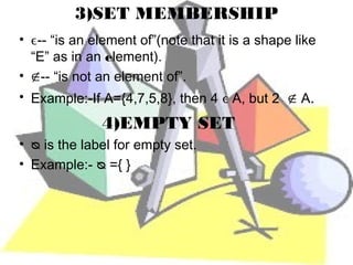 3)SET MEMBERSHIP
• ϵ-- “is an element of”(note that it is a shape like
  “E” as in an element).
• ∉-- “is not an element of”.
• Example:-If A={4,7,5,8}, then 4 ϵ A, but 2 ∉ A.
              4)EMPTY SET
• ᴓ is the label for empty set.
• Example:- ᴓ ={ }
 