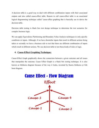 A decision table is a good way to deal with different combination inputs with their associated
outputs and also called cause-effect table. Reason to call cause-effect table is an associated
logical diagramming technique called ’cause-effect graphing that is basically use to derive the
decision table.
Decision table testing is black box test design technique to determine the test scenarios for
complex business logic.
We can apply Equivalence Partitioning and Boundary Value Analysis techniques to only specific
conditions or inputs. Although, if we have dissimilar inputs that result in different actions being
taken or secondly we have a business rule to test that there are different combination of inputs
which result in different actions. We use decision table to test these kinds of rules or logic.
4. Cause-Effect Graphing Technique:
Cause-Effect Graph graphically shows the connection between a given outcome and all issues
that manipulate the outcome. Cause Effect Graph is a black box testing technique. It is also
known as Ishikawa diagram because of the way it looks, invented by Kaoru Ishikawa or fish
bone diagram.
 