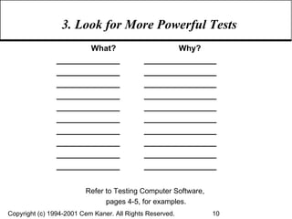 3. Look for More Powerful Tests What? Why? ______________  ________________ ______________  ________________ ______________  ________________ ______________  ________________ ______________  ________________ ______________  ________________ ______________  ________________ ______________  ________________ ______________  ________________ ______________  ________________ Refer to Testing Computer Software,  pages 4-5, for examples. 