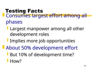 13
Testing Facts
 Consumes largest effort among all
phases
 Largest manpower among all other
development roles
 Implies more job opportunities
 About 50% development effort
 But 10% of development time?
 How?
 