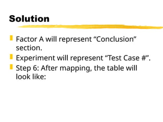  Factor A will represent “Conclusion”
section.
 Experiment will represent “Test Case #”.
 Step 6: After mapping, the table will
look like:
Solution
 