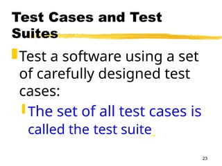 23
Test Cases and Test
Suites
Test a software using a set
of carefully designed test
cases:
 The set of all test cases is
called the test suite
 