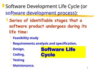 3
Software Life
Cycle
 Software Development Life Cycle (or
software development process):
 Series of identifiable stages that a
software product undergoes during its
life time:
 Feasibility study
 Requirements analysis and specification,
 Design,
 Coding,
 Testing
 Maintenance.
 