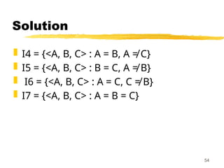 Solution
 I4 = {<A, B, C> : A = B, A ≠ C}
 I5 = {<A, B, C> : B = C, A ≠ B}
 I6 = {<A, B, C> : A = C, C ≠ B}
 I7 = {<A, B, C> : A = B = C}
54
 