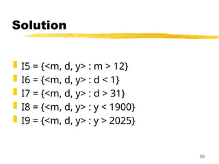 Solution
 I5 = {<m, d, y> : m > 12}
 I6 = {<m, d, y> : d < 1}
 I7 = {<m, d, y> : d > 31}
 I8 = {<m, d, y> : y < 1900}
 I9 = {<m, d, y> : y > 2025}
59
 