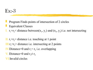 Ex:-3
 Program Finds points of intersection of 2 circles
 Equivalent Classes
I. r1+r2< distance between(x1, y1) and (x2, y2) i.e. not intersecting
II. r1+r2= distance i.e. touching at 1 point
III.r1+r2> distance i.e. intersecting at 2 points
IV.Distance=0 and r1= r2 i.e. overlapping
V. Distance=0 and r1≠ r2
VI.Invalid circles
 