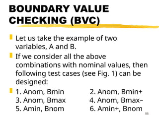 BOUNDARY VALUE
CHECKING (BVC)
 Let us take the example of two
variables, A and B.
 If we consider all the above
combinations with nominal values, then
following test cases (see Fig. 1) can be
designed:
 1. Anom, Bmin 2. Anom, Bmin+
3. Anom, Bmax 4. Anom, Bmax–
5. Amin, Bnom 6. Amin+, Bnom
86
 