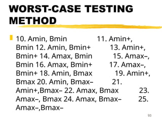 WORST-CASE TESTING
METHOD
 10. Amin, Bmin 11. Amin+,
Bmin 12. Amin, Bmin+ 13. Amin+,
Bmin+ 14. Amax, Bmin 15. Amax–,
Bmin 16. Amax, Bmin+ 17. Amax–,
Bmin+ 18. Amin, Bmax 19. Amin+,
Bmax 20. Amin, Bmax– 21.
Amin+,Bmax– 22. Amax, Bmax 23.
Amax–, Bmax 24. Amax, Bmax– 25.
Amax–,Bmax–
93
 