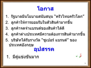 โอกาส 1.  รัฐบาลมีนโยบายสนับสนุน  “ ครัวไทยครัวโลก ” 2.  ลูกค้าให้การยอมรับในตัวสินค้ามากขึ้น 3.  ลูกค้าจดจำแบรนด์ของสินค้าได้ดี 4.  ลูกค้าต่างประเทศมีความต้องการสินค้ามากขึ้น 5.  บริษัทได้รับรางวัล  “ ซูเปอร์ แบรนด์ ”  ของประเทศอังกฤษ 1.  มีคู่แข่งขันมาก อุปสรรค 