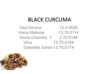 BLACK CURCUMA
Dea Devina 12.0.0030
Hana Melinda 12.70.0114
Kezia Chandra 1 2.70.0146
Vina 12.70.0164
Gabriella Juliani12.70.0174
 