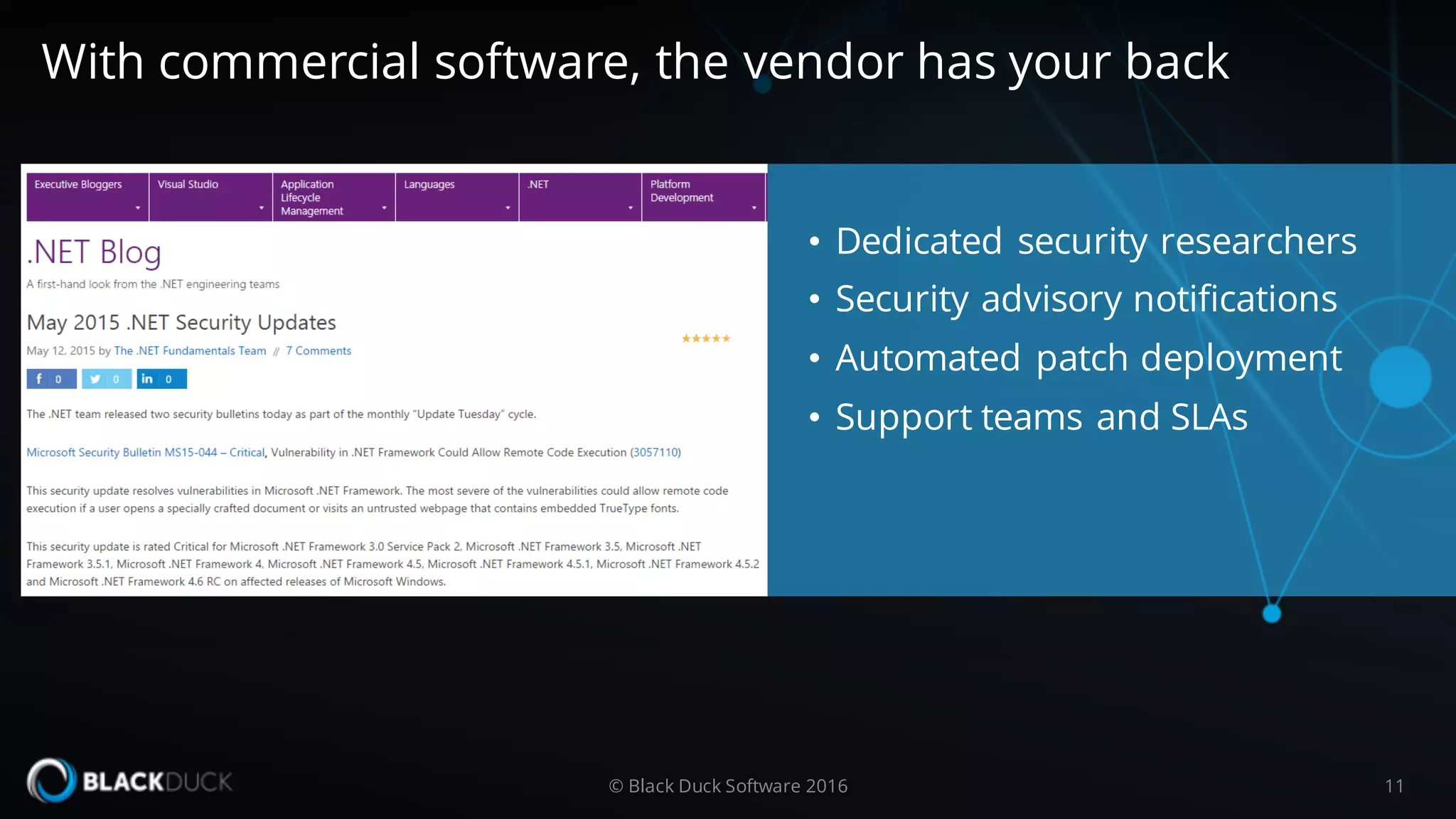 • Dedicated security researchers
• Security advisory notifications
• Automated patch deployment
• Support teams and SLAs
© Black Duck Software 2016 11
With commercial software, the vendor has your back
 