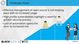 #OSS360
Challenges Ahead
• Effective management of open source is not keeping
pace with its increased usage
• High profile vulnerabilities highlight a need for
greater security process
• Lack of automation opens the
door to increased risk
 