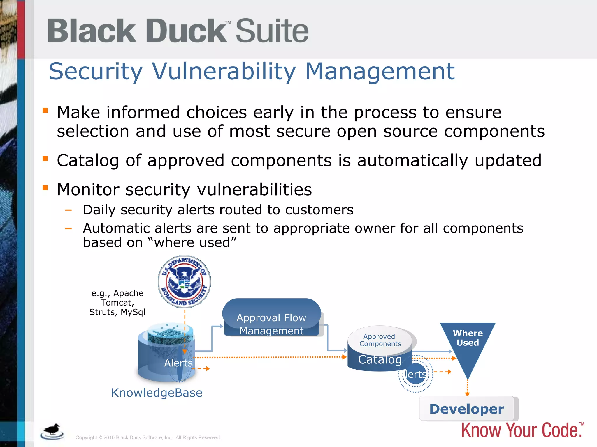 Copyright © 2010 Black Duck Software, Inc. All Rights Reserved.
Security Vulnerability Management
 Make informed choices early in the process to ensure
selection and use of most secure open source components
 Catalog of approved components is automatically updated
 Monitor security vulnerabilities
– Daily security alerts routed to customers
– Automatic alerts are sent to appropriate owner for all components
based on “where used”
e.g., Apache
Tomcat,
Struts, MySql
Where
Used
KnowledgeBase
Alerts
Developer
Catalog
Approved
Components
Approval Flow
Management
Alerts
 