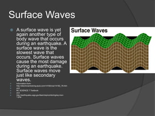 Surface Waves
   A surface wave is yet
    again another type of
    body wave that occurs
    during an earthquake. A
    surface wave is the
    slowest wave that
    occurs. Surface waves
    cause the most damage
    during an earthquake.
    Surface waves move
    just like secondary
    waves.
   Information from-
   http://electriciantraining.tpub.com/14182/css/14182_76.htm
   and
   BC SCIENCE 7 Textbook
   and
   http://earthquake.usgs.gov/learn/eqmonitoring/eq-mon-
    1.php
 