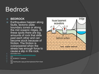 Bedrock
   BEDROCK
   Earthquakes happen along
    faults, tectonic plate
    boundary zones or along
    the mid oceanic ridges. At
    these spots there are big
    amounts of rock that slide
    past each other and can
    become stuck because of
    friction. The friction is
    overpowered when the
    stress has enough force to
    cause a slip in the rock.
   Information from-
   http://www.eoearth.org/article/Earthquake
   and
   BC SCIENCE 7 Textbook
   and
   http://earthquake.usgs.gov/learn/glossary/?term=bedr
    ock
 