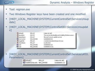 Dynamic Analysis – Windows Register ,[object Object],[object Object],[object Object],[object Object],[object Object]