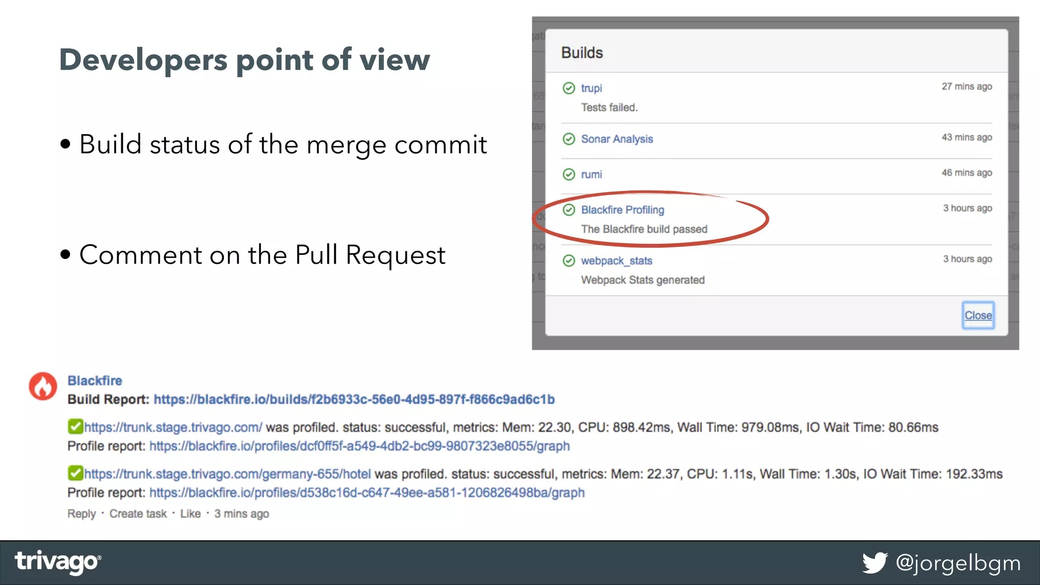 @jorgelbgm
Developers point of view
• Build status of the merge commit
• Comment on the Pull Request
 