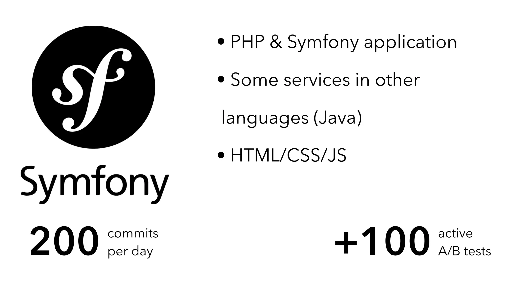 • PHP & Symfony application
• Some services in other
languages (Java)
• HTML/CSS/JS
200 commits
per day +100 active
A/B tests
 
