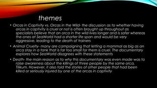 themes
• Orcas in Captivity vs. Orcas in the Wild- the discussion as to whether having
orcas in captivity is cruel or not is often brought up throughout as
specialists believe that an orca in the wild lives longer and is safer whereas
the ones at SeaWorld had a shorter life span and would be very
aggressive, leading to the death of trainers
• Animal Cruelty- many are campaigning that letting a mammal as big as an
orca stay in a tank that is far too small for them is cruel. The documentary
explores how SeaWorld disagrees with these statements
• Death- the main reason as to why this documentary was even made was to
raise awareness about the killings of three people by the same orca,
Tilikum. However, it also told the stories of other people that had been
killed or seriously injured by one of the orcas in captivity
 