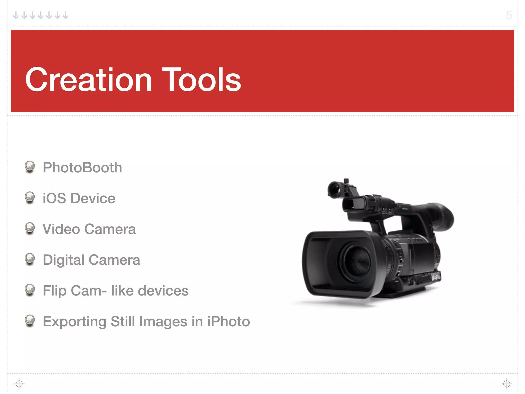 Creation Tools
PhotoBooth
iOS Device
Video Camera
Digital Camera
Flip Cam- like devices
Exporting Still Images in iPhoto
5
 