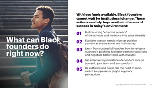 What can Black
founders do
right now?
With less funds available, Black founders
cannot wait for institutional change. These
actions can help improve their chances of
success in today’s environment:
9
01
02
03
04
Build a strong “effective network”
of the advisors and investors who value diversity
Evaluate investor needs to better position
yourself to secure funds and “sell equity”
Learn from successful founders how to navigate
nuances in pitching, facilitate warm introductions
and negotiate better terms with investors
Set empowering milestones dependent only on
yourself, your team and your product
Be authentic and never feel the need to code-
switch to appease or play to anyone’s
perceptions
05
 