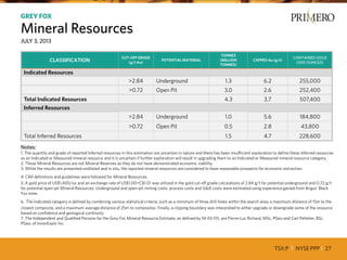 TSX:P I NYSE:PPP I 27
CLASSIFICATION
CUT-OFF GRADE
(g/t Au)
POTENTIAL MATERIAL
TONNES
(MILLION
TONNES)
CAPPED Au (g/t)
CONTAINED GOLD
(000 OUNCES)
Indicated Resources
>2.84 Underground 1.3 6.2 255,000
>0.72 Open Pit 3.0 2.6 252,400
Total Indicated Resources 4.3 3.7 507,400
Inferred Resources
>2.84 Underground 1.0 5.6 184,800
>0.72 Open Pit 0.5 2.8 43,800
Total Inferred Resources 1.5 4.7 228,600
Notes:
1. The quantity and grade of reported Inferred resources in this estimation are uncertain in nature and there has been insufficient exploration to define these Inferred resources
as an Indicated or Measured mineral resource and it is uncertain if further exploration will result in upgrading them to an Indicated or Measured mineral resource category.
2. These Mineral Resources are not Mineral Reserves as they do not have demonstrated economic viability.
3. While the results are presented undiluted and in situ, the reported mineral resources are considered to have reasonable prospects for economic extraction.
4. CIM definitions and guidelines were followed for Mineral Resources.
5. A gold price of US$1,400/oz and an exchange rate of US$1.00=C$1.01 was utilized in the gold cut-off grade calculations of 2.84 g/t for potential underground and 0.72 g/t
for potential open-pit Mineral Resources. Underground and open-pit mining costs, process costs and G&A costs were estimated using experience gained from Brigus’ Black
Fox mine.
6. The Indicated category is defined by combining various statistical criteria, such as a minimum of three drill holes within the search area, a maximum distance of 15m to the
closest composite, and a maximum average distance of 25m to composites. Finally, a clipping boundary was interpreted to either upgrade or downgrade some of the resource
based on confidence and geological continuity.
7. The Independent and Qualified Persons for the Grey Foc Mineral Resource Estimate, as defined by NI 43-101, are Pierre-Luc Richard, MSc, PGeo and Carl Pelletier, BSc,
PGeo. of InnovExplo Inc.
GREY FOX
Mineral Resources
JULY 3, 2013
 