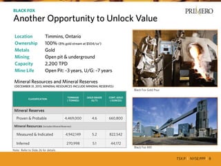 TSX:P I NYSE:PPP I 8
Location Timmins, Ontario
Ownership 100% (8% gold stream at $504/oz1)
Metals Gold
Mining Open pit & underground
Capacity 2,200 TPD
Mine Life Open Pit: ~3 years, U/G: ~7 years
Mineral Resources and Mineral Reserves
(DECEMBER 31, 2013, MINERAL RESOURCES INCLUDE MINERAL RESERVES)
CLASSIFICATION
TONNAGE
( TONNES)
GOLD GRADE
(G/T)
CONT. GOLD
( OUNCES)
Mineral Reserves
Proven & Probable 4,469,000 4.6 660,800
Mineral Resources (includes Mineral Reserves)
Measured & Indicated 4,942,149 5.2 822,542
Inferred 270,998 5.1 44,172
BLACK FOX
Another Opportunity to Unlock Value
Black Fox Gold Pour
Black Fox Mill
Note: Refer to Slide 26 for details.
 