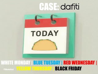CASE:
WHITE MONDAY | BLUE TUESDAY | RED WEDNESDAY |
YELLOW THURSDAY | BLACK FRIDAY
 