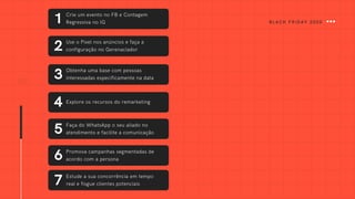 30
Crie um evento no FB e Contagem
Regressiva no IG
Use o Pixel nos anúncios e faça a
configuração no Gerenaciador
Obtenha uma base com pessoas
interessadas especificamente na data
Explore os recursos do remarketing
Faça do WhatsApp o seu aliado no
atendimento e facilite a comunicação
Promova campanhas segmentadas de
acordo com a persona
Estude a sua concorrência em tempo
real e fisgue clientes potenciais
1
2
3
4
5
6
7
BLACK FRIDAY 2020
 