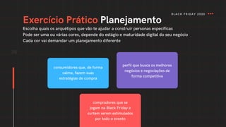 35
Exercício Prático Planejamento
consumidores que, de forma
calma, fazem suas
estratégias de compra
perfil que busca os melhores
negócios e negociações de
forma competitiva
compradores que se
jogam na Black Friday e
curtem serem estimulados
por todo o evento
Escolha quais os arquétipos que vão te ajudar a construir personas específicas
Pode ser uma ou várias cores, depende do estágio e maturidade digital do seu negócio
Cada cor vai demandar um planejamento diferente
BLACK FRIDAY 2020
 